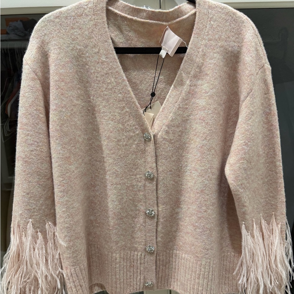 Cinq à Sept Pink Cardigan with Feather Trim